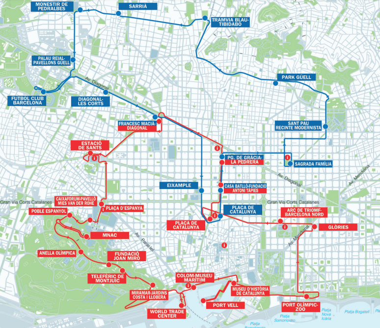 connections between the red and blue lines of Barcelona's tourist bus service